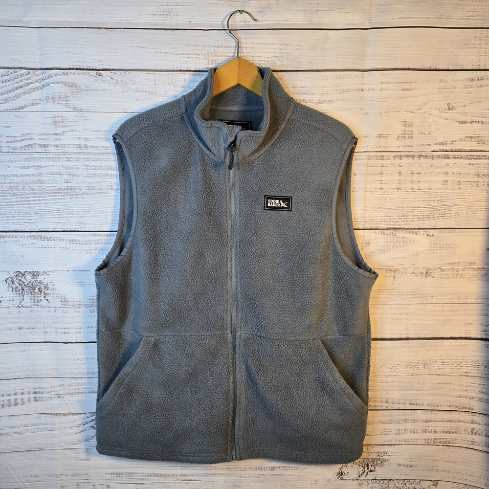 Eddie‎ Bauer Fleece Vest Size Medium Mens Light Blue Full Zip With Pockets